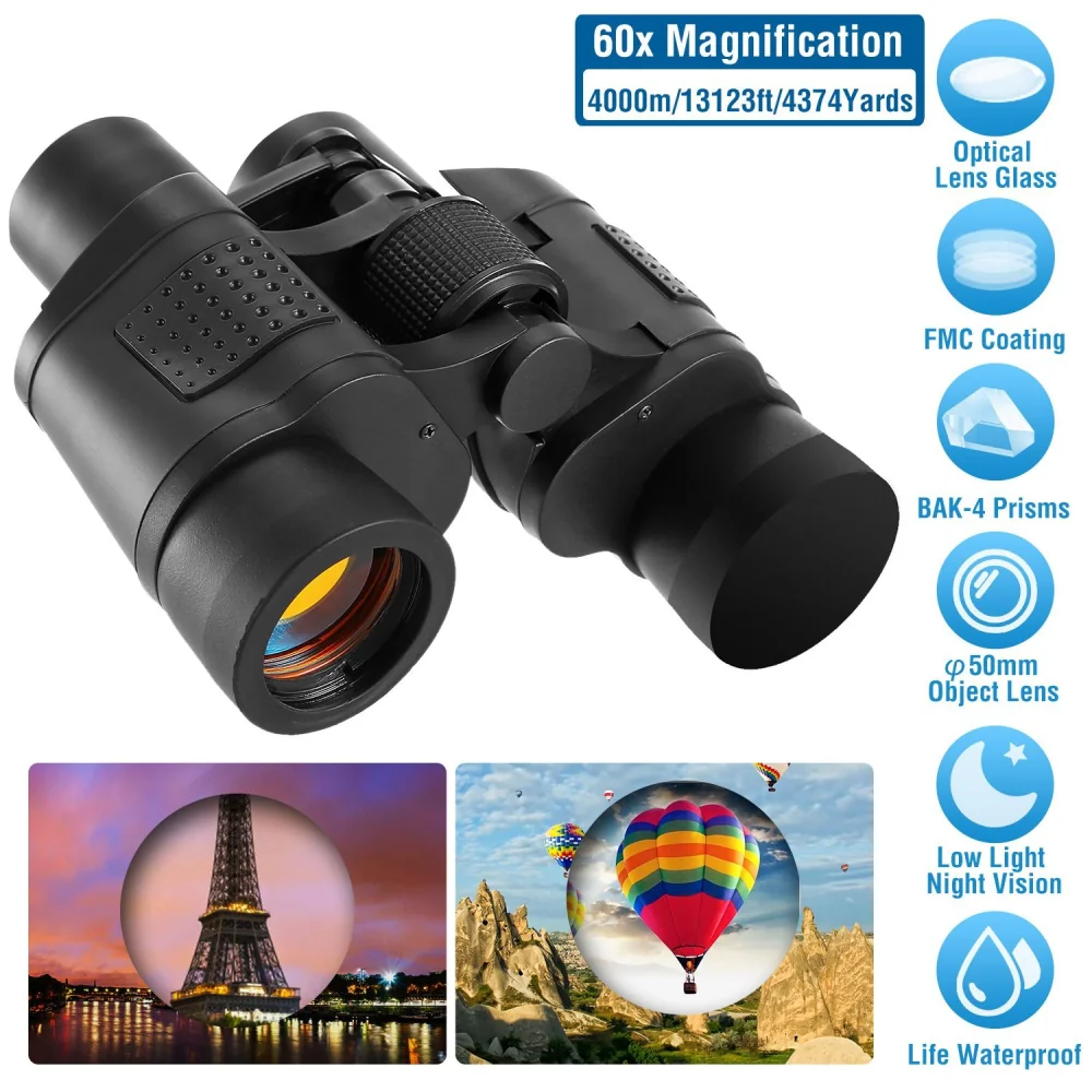 High-power binoculars with 60x magnification, 50mm objective lens, and features like BAK-4 prisms, FMC coating, waterproof design, and low light night vision, displayed alongside vibrant images of the Eiffel Tower and colorful hot air balloons.