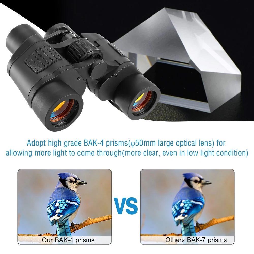 High-grade BAK-4 prism binoculars with 50mm large optical lenses, showcasing improved clarity and light transmission, compared to standard BAK-7 prisms, ideal for low-light conditions.