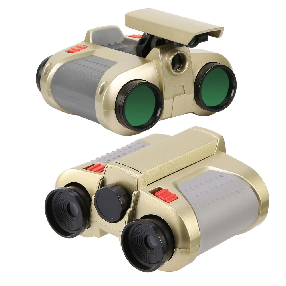 Compact gold and gray binoculars with green lenses and red buttons, ideal for outdoor adventures and wildlife observation.