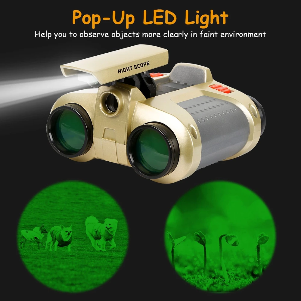 Binoculars with a pop-up LED light feature, designed for observing objects in low light conditions, showcasing images of dogs and plants in green view.