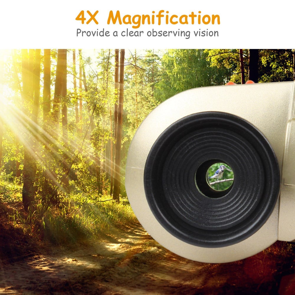 Close-up view of a 4X magnification lens showcasing a vibrant green forest background and a small blue jay bird visible through the lens, emphasizing clarity and detail for observing nature.