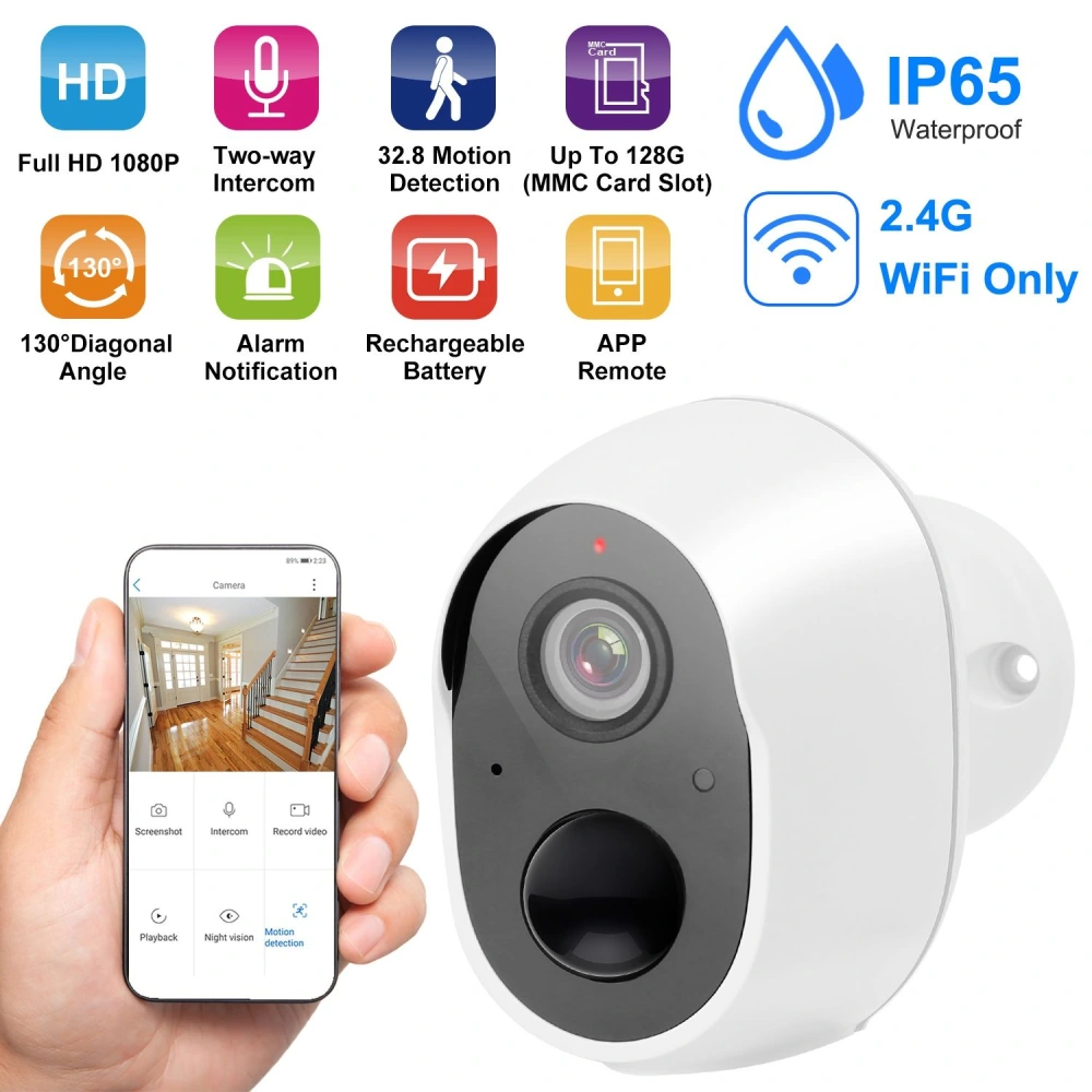 1080P HD wireless security camera featuring two-way intercom, 32.8 feet motion detection, IP65 waterproof rating, rechargeable battery, 130-degree diagonal angle, and remote access via app, shown alongside a smartphone displaying camera controls.