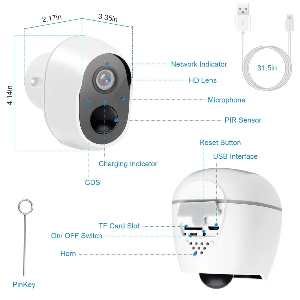 Compact wireless security camera featuring HD lens, PIR sensor, and multiple indicators for network, charging, and operation, designed for easy installation and enhanced safety.