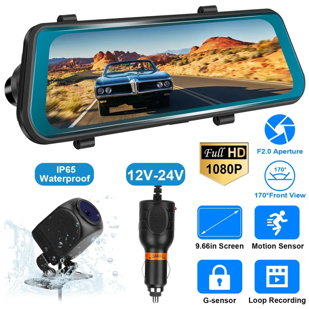 Full HD 1080P rear-view mirror camera with 9.66-inch screen, IP65 waterproof, 170-degree front view, motion sensor, G-sensor, and loop recording, designed for 12V-24V vehicles.