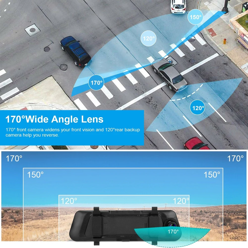 Wide angle camera lens illustration showing 170° front and 120° rear viewing angles for improved vehicle safety while reversing.