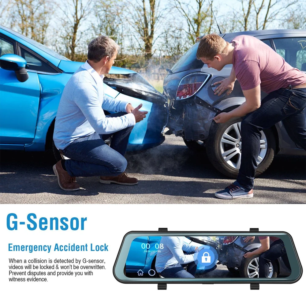 Men assessing damage after a car accident, showcasing a G-sensor emergency accident lock feature on a dashcam that ensures footage is securely saved during collisions.