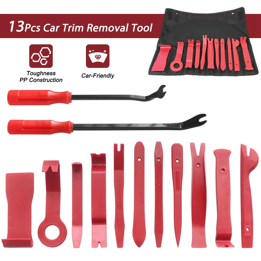13-piece car trim removal tool set featuring durable red plastic and metal tools, designed for safe and efficient automotive repairs and installations.