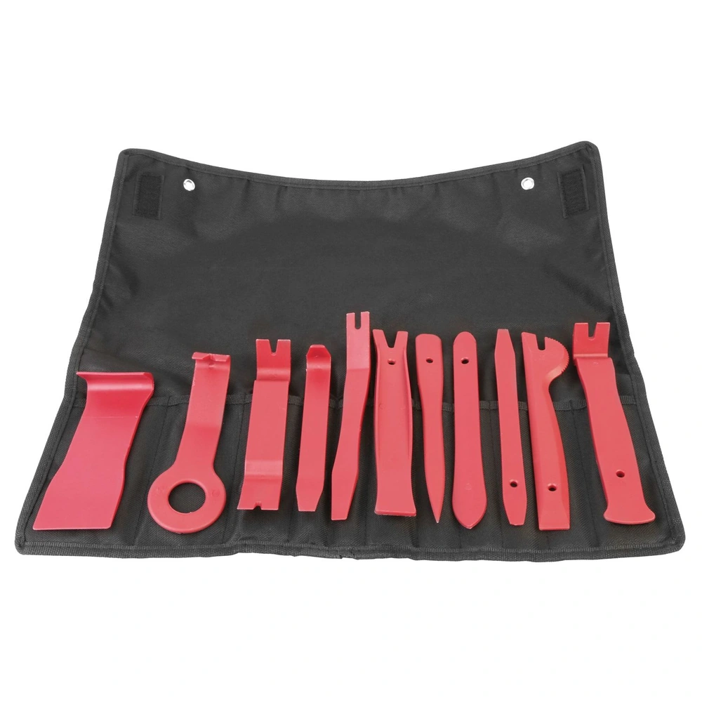 Set of 10 red plastic trim removal tools displayed on a black tool roll, ideal for automotive, furniture, and general repair tasks.