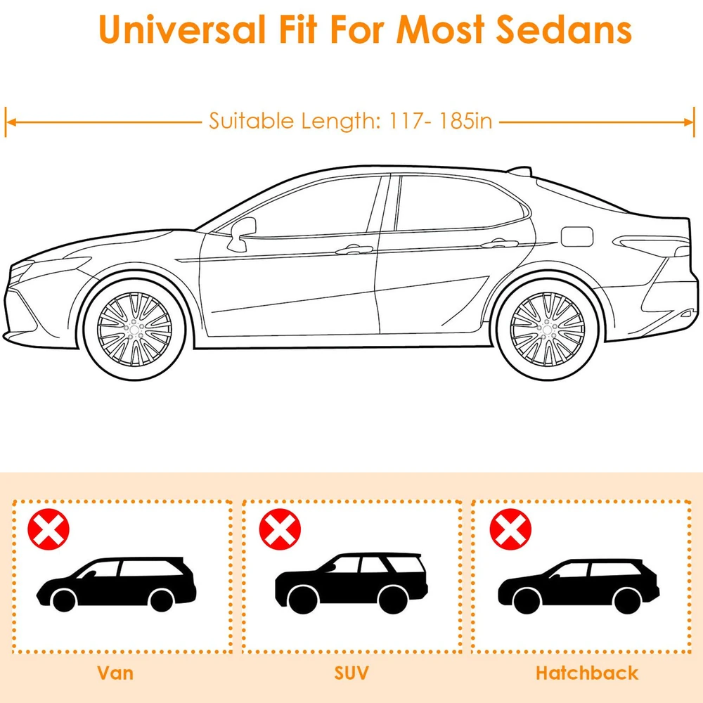 Image showing a side outline of a sedan with specifications for universal fit, suitable for lengths between 117-185 inches; includes markings for unsuitable car types: van, SUV, and hatchback.