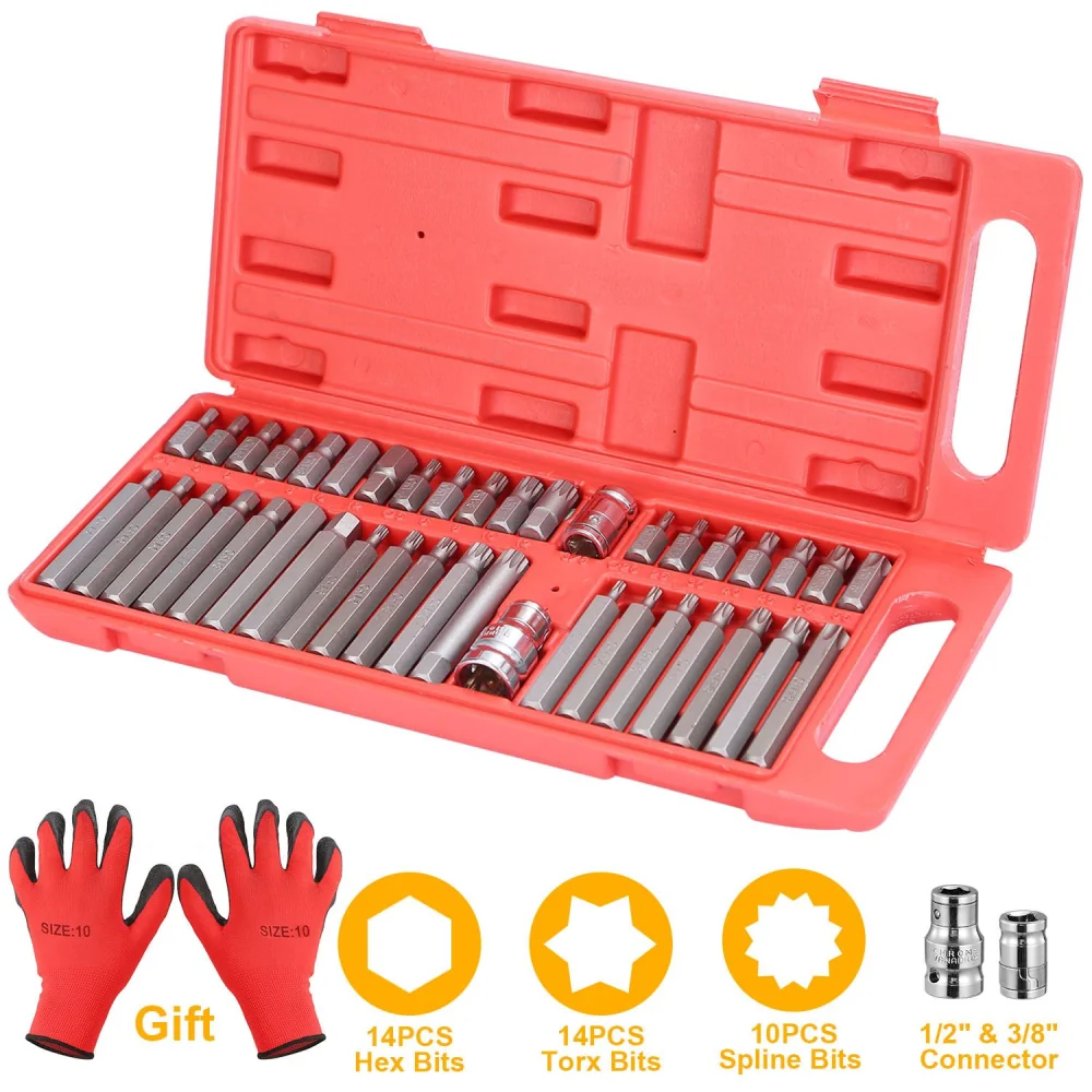 36-piece screwdriver bit set in a red plastic case, featuring hex, torx, and spline bits along with two connectors, accompanied by a pair of red work gloves as a gift.