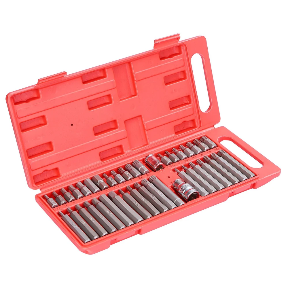 32-piece socket and bit set in a bright red case, featuring a variety of sizes and styles for versatile use in automotive and home repairs.