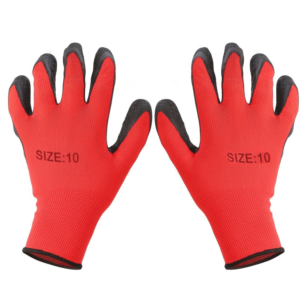 Red work gloves with black fingertips and printed size 10, ideal for gardening and safety tasks.