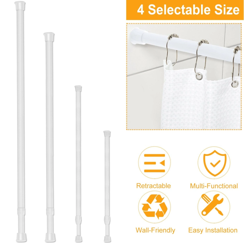 Retractable white shower curtain rods in four selectable sizes, showcasing easy installation and wall-friendly design, ideal for versatile home use.