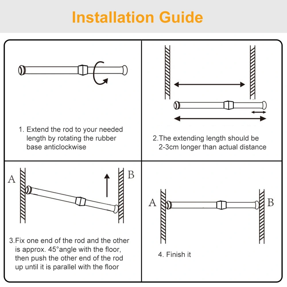 Installation guide illustration for adjustable rod featuring step-by-step instructions on extending and fixing the rod at the correct angle for optimal use.