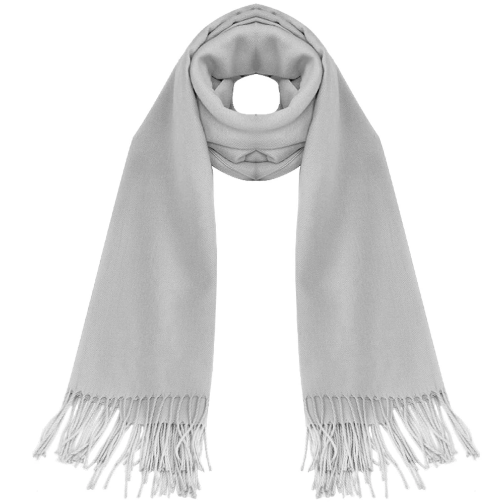 Light gray oversized scarf with frayed edges, perfect for cozy layering in cold weather.