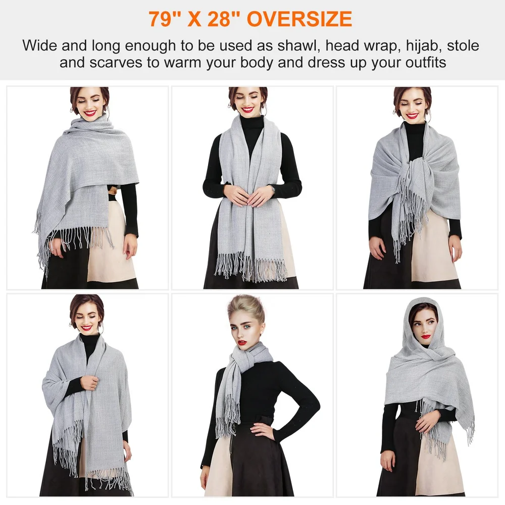 Oversized gray scarf measuring 79" x 28", suitable for use as a shawl, head wrap, hijab, stole, or scarf, displayed in various stylish configurations by models.
