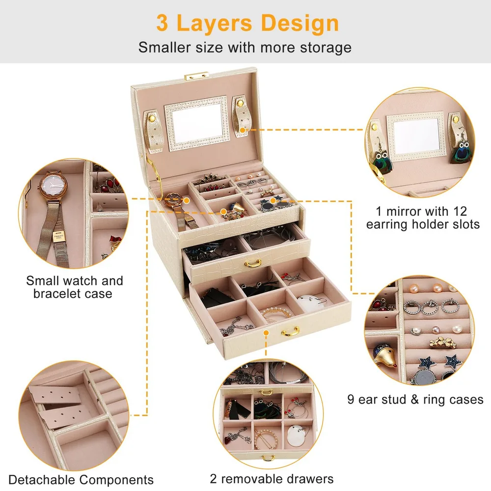 Jewelry organizer box with three layers, featuring a mirror, 12 earring holder slots, a small watch and bracelet case, removable drawers, and compartments for various accessories.