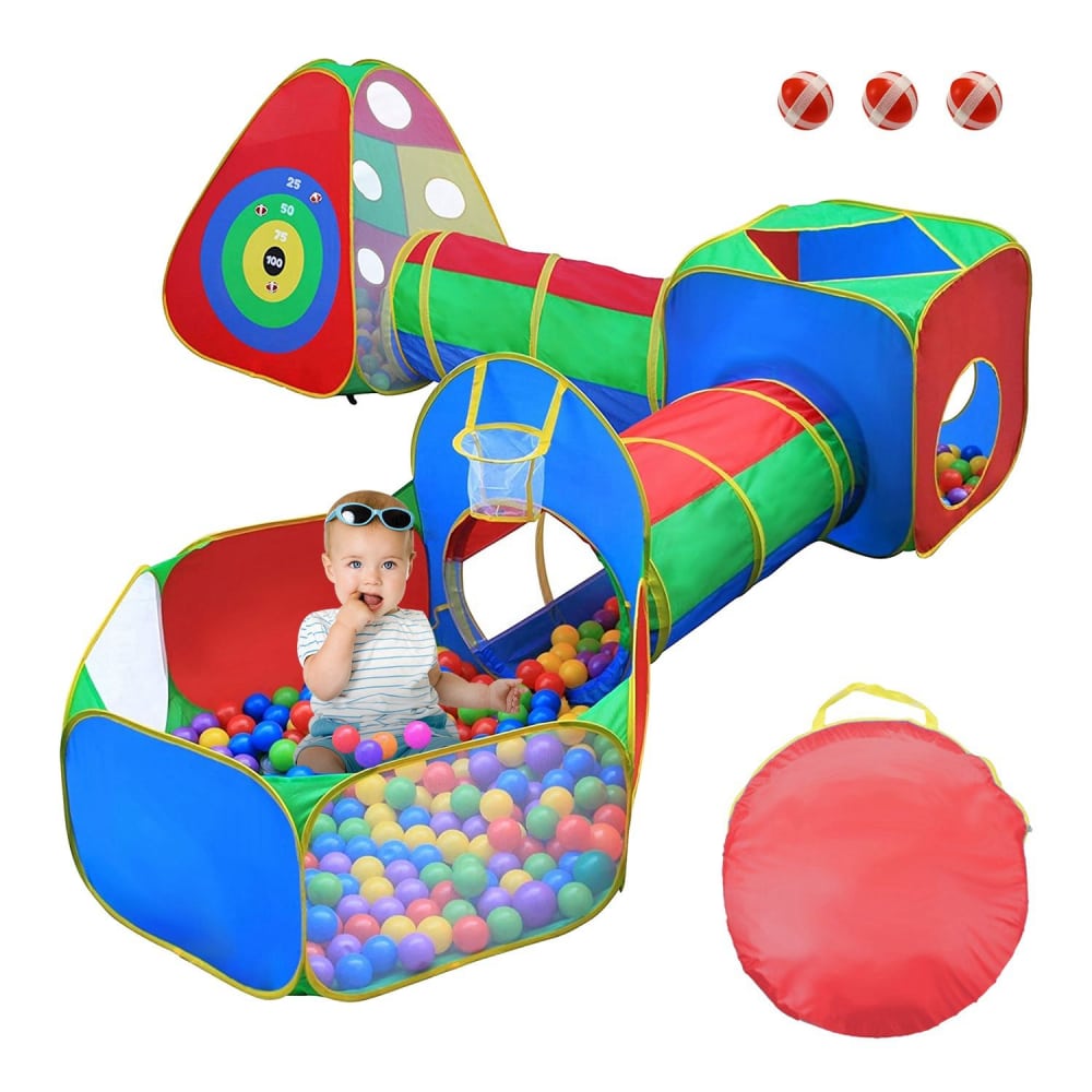 Colorful children's play tunnel and ball pit with colorful balls, featuring a target game and three small inflatable balls, perfect for indoor or outdoor play.