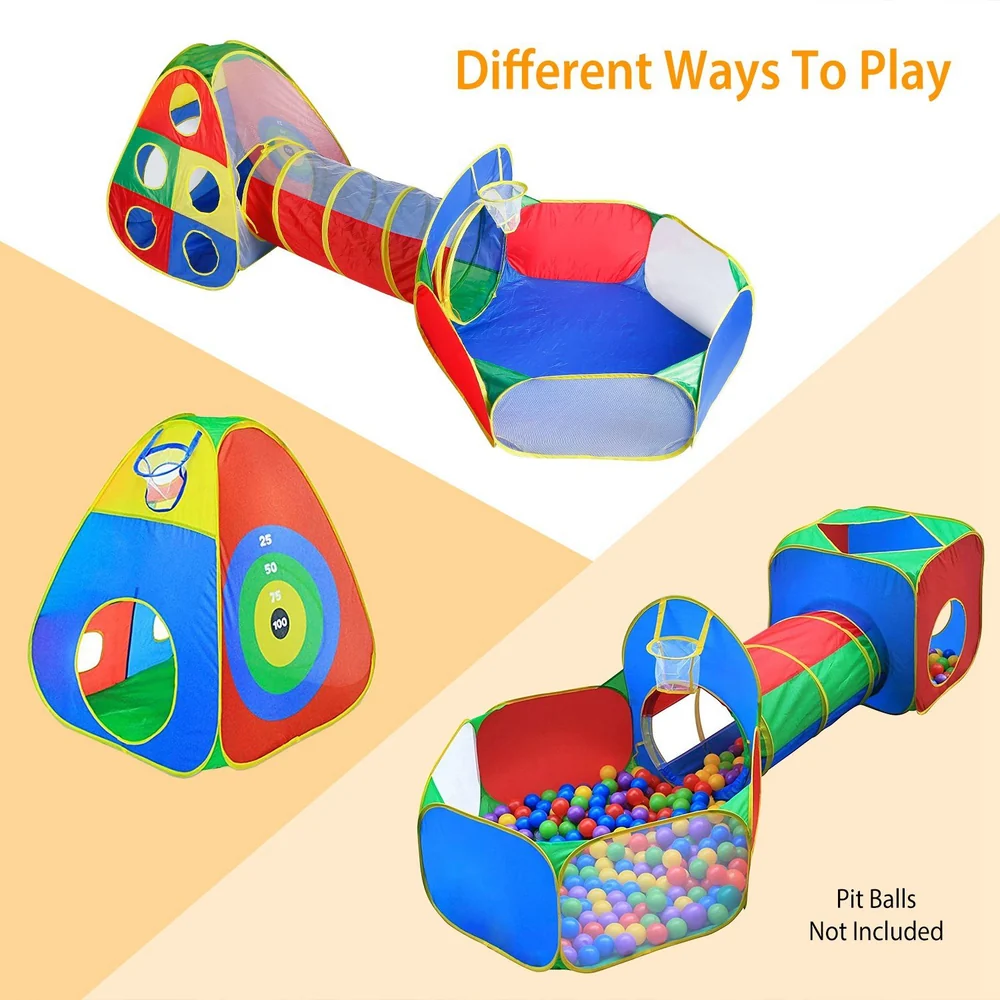 Colorful kids play tent and tunnel set featuring a ball pit, play tunnel, and target game, promoting active play and creativity (pit balls not included).