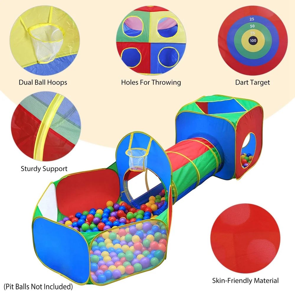 Colorful kids' ball pit with a playful tunnel, dart target, dual ball hoops, and sturdy support structure; perfect for active play and fun.