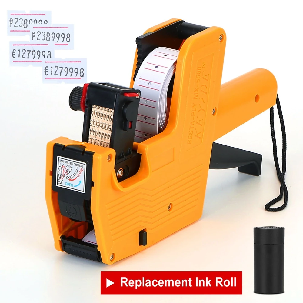 Labeling machine in bright orange color with a built-in ink roller and a roll of pricing labels, beside a black replacement ink roll.