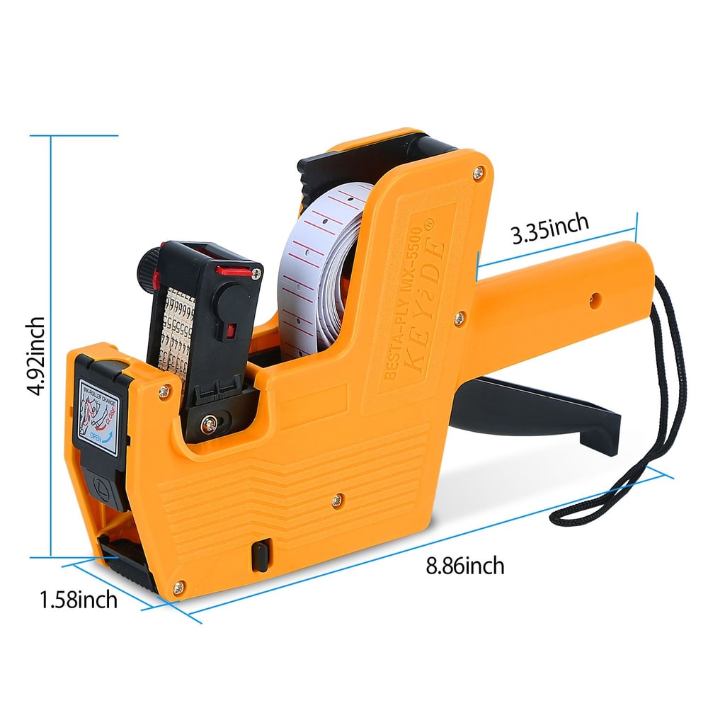 Labeling machine in vibrant orange color featuring a built-in tape dispenser and adjustable dial, with measurements of 8.86 inches in length, 4.92 inches in height, and 3.35 inches in width, ideal for efficient organization and labeling tasks.