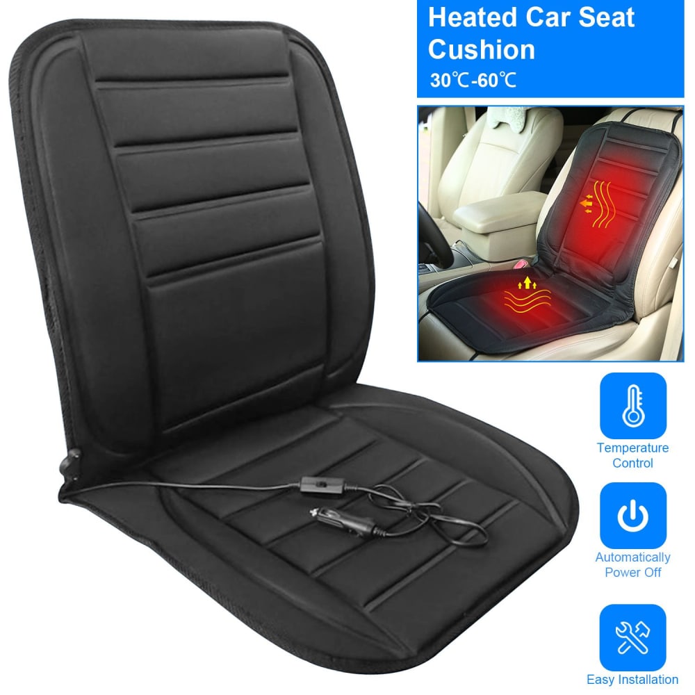 Heated car seat cushion with adjustable temperature settings, featuring easy installation and automatic power-off for safety.