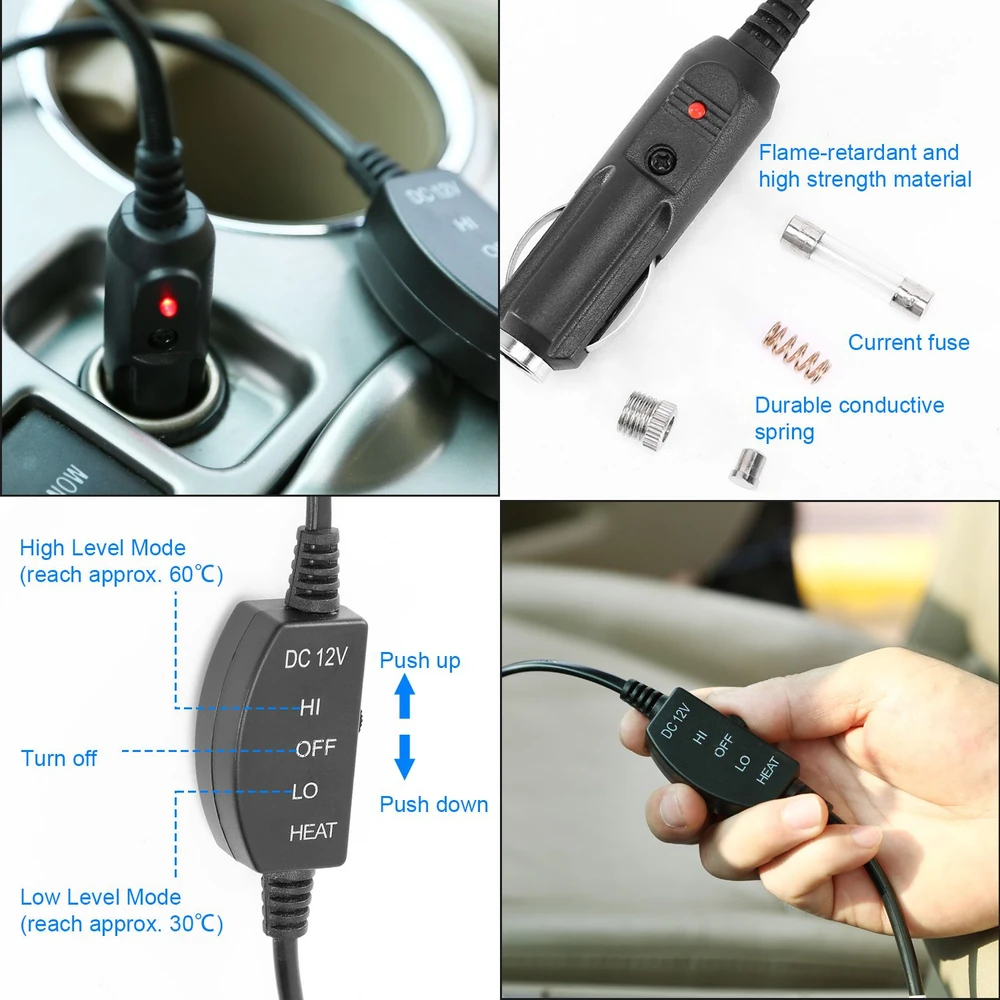 Product image of a 12V car seat heater with a control switch, showcasing its connection to a car's power outlet, labeled buttons for heat settings (HI, LO, OFF), and key features like a flame-retardant material and current fuse.