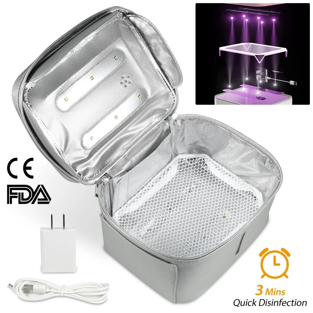 Silver UV sterilizer bag with open zipper, showcasing interior mesh base and LED lights, includes charging adapter and features quick disinfection in 3 minutes, certified by CE and FDA.