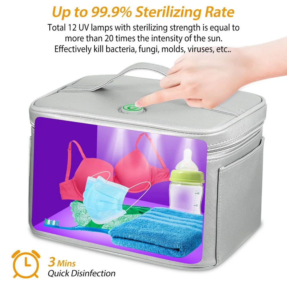 UV sterilizer box with 12 powerful UV lamps, featuring a hand pressing the button, disinfecting various items including bras, a baby bottle, a blue towel, a face mask, and a toothbrush, with a quick 3-minute disinfection timer.