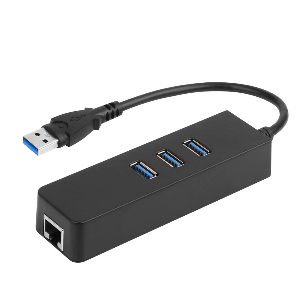 USB 3.0 hub with three ports and an Ethernet connector, featuring a black design and a USB cable for connecting to devices.