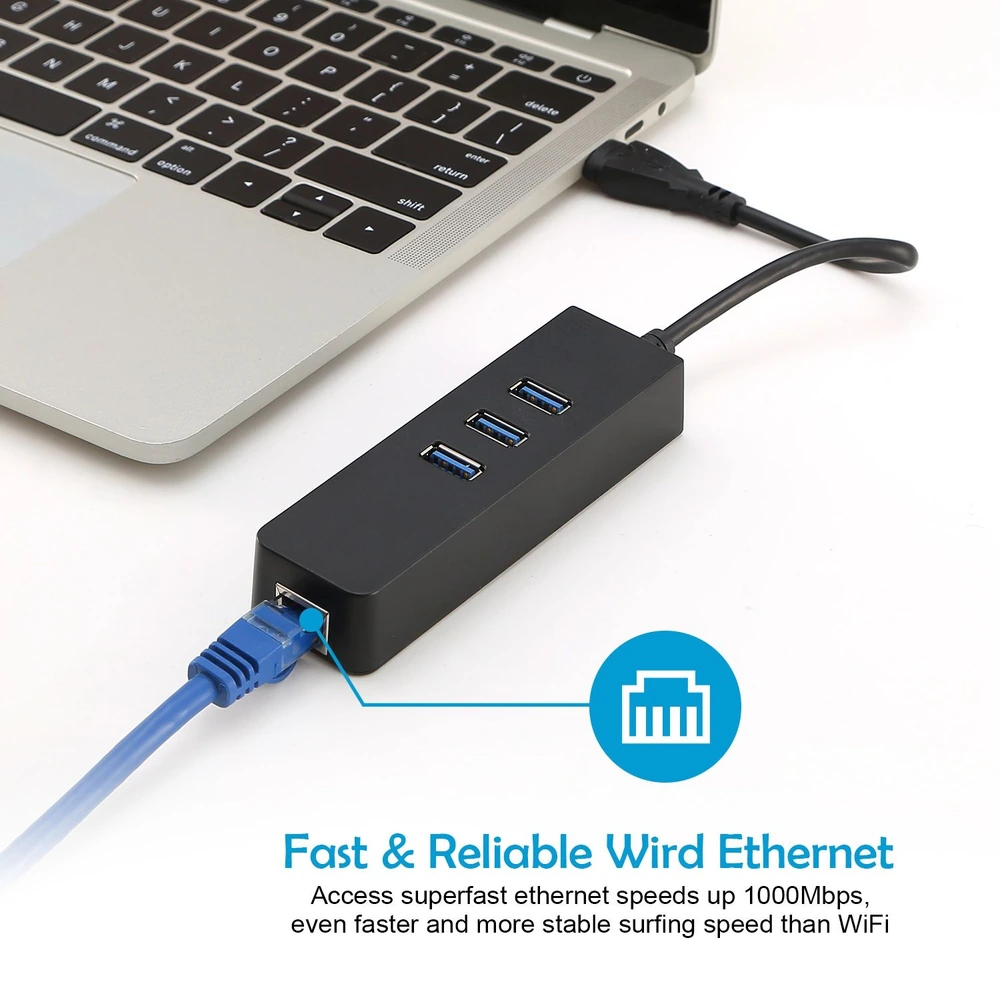 USB Ethernet hub connecting to a laptop, featuring three USB 3.0 ports and a blue Ethernet cable, showcasing fast and reliable wired internet speeds up to 1000Mbps.