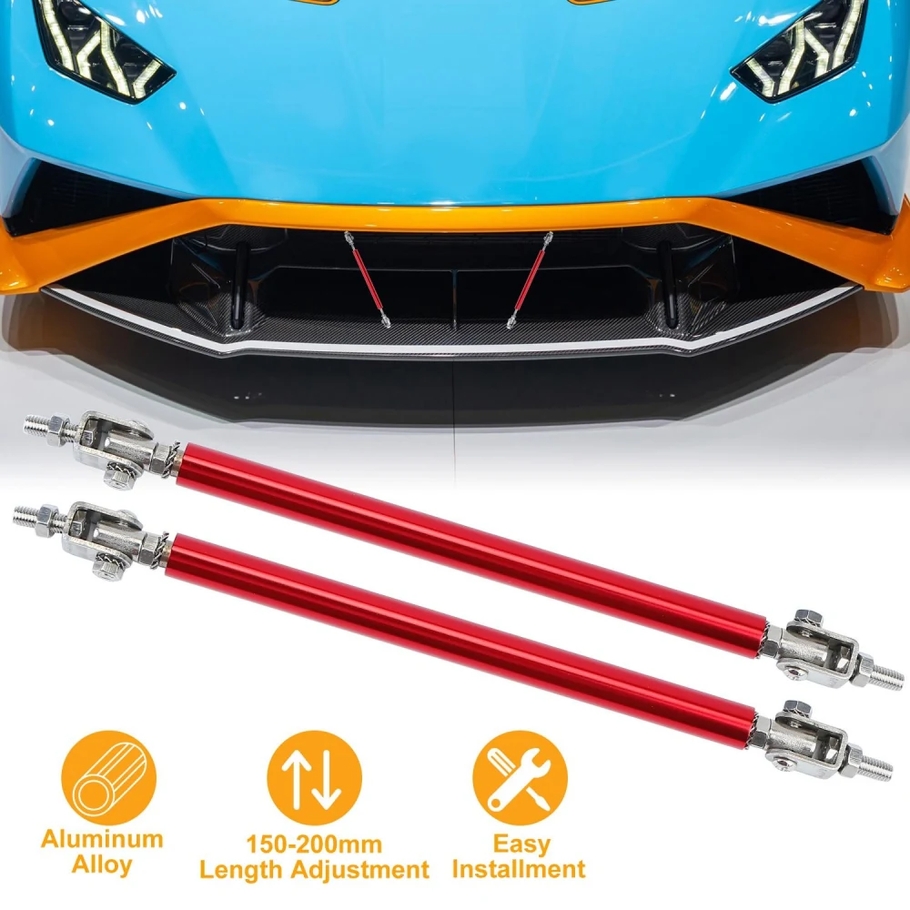High-performance aluminum alloy adjustable tow hooks in red, compatible with various car models, featuring 150-200mm length adjustment and easy installation, showcased against a vibrant blue sports car.