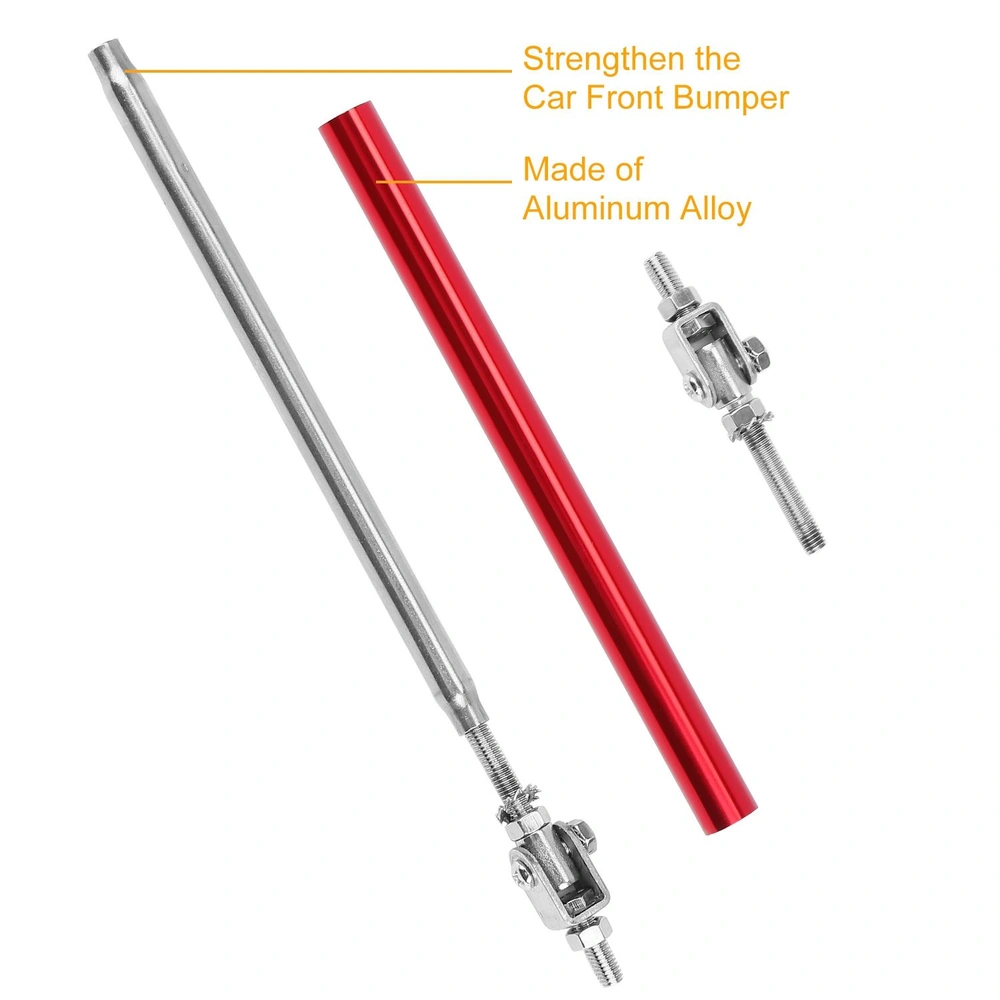 Car front bumper reinforcement rods made of durable aluminum alloy, featuring one silver and one red rod with adjustable ends for enhanced stability and strength.