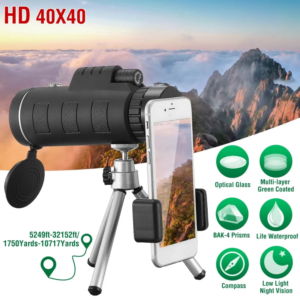 HD 40x40 Monocular telescope with smartphone holder and tripod, showcasing optical glass, BAK-4 prisms, and waterproof features against a scenic mountainous backdrop.