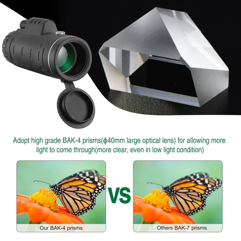 High-quality BAK-4 prism telescope with 40mm lens for enhanced low-light viewing, featuring a comparison image highlighting superior clarity of its optics against BAK-7 prisms.