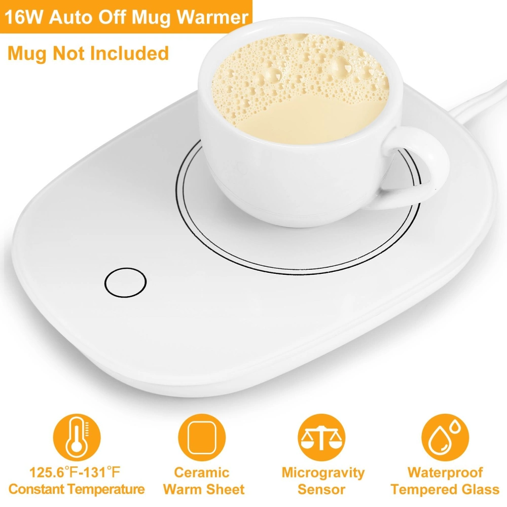 Auto mug warmer with a white ceramic mug filled with warm beverage, displayed on a sleek rectangular base featuring a microgravity sensor, waterproof tempered glass, and temperature settings between 125.6°F and 131°F; mug not included.