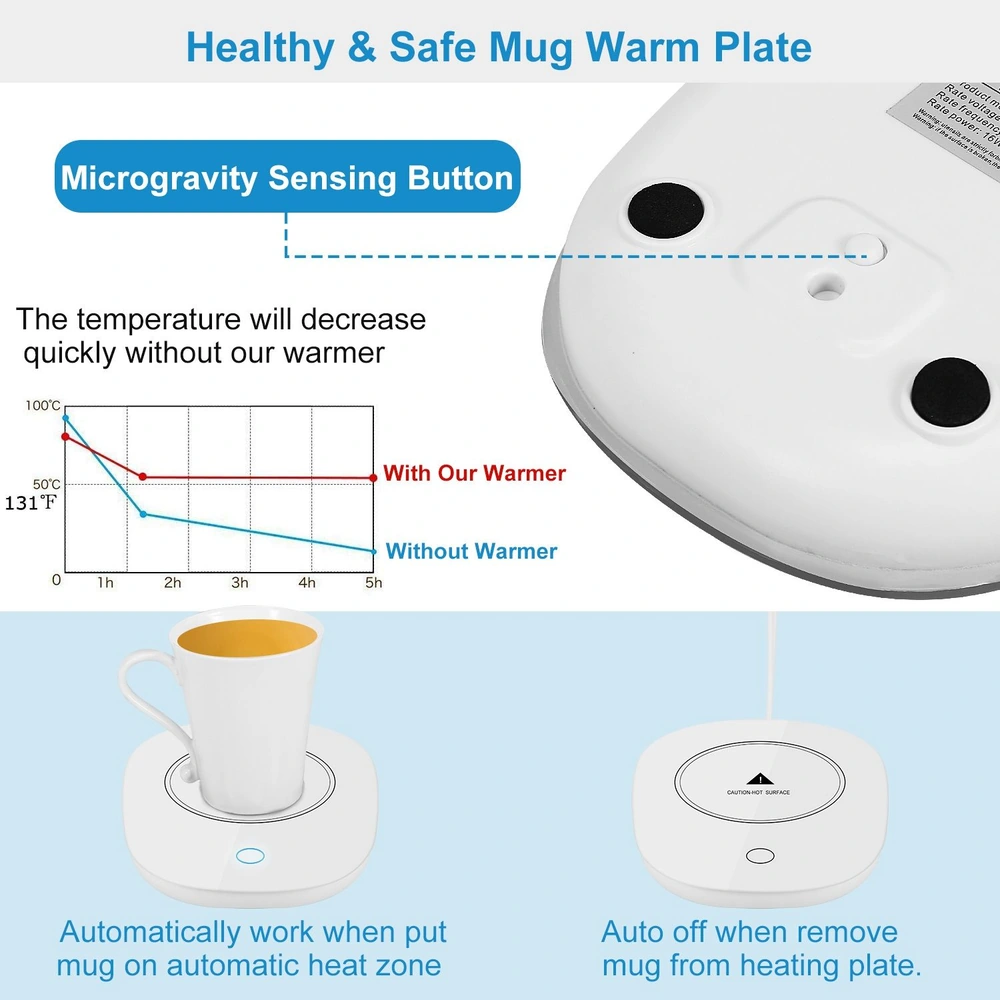 Mug warmer plate with microgravity sensing button, displaying temperature graph and features like automatic heat activation and safety shut-off.