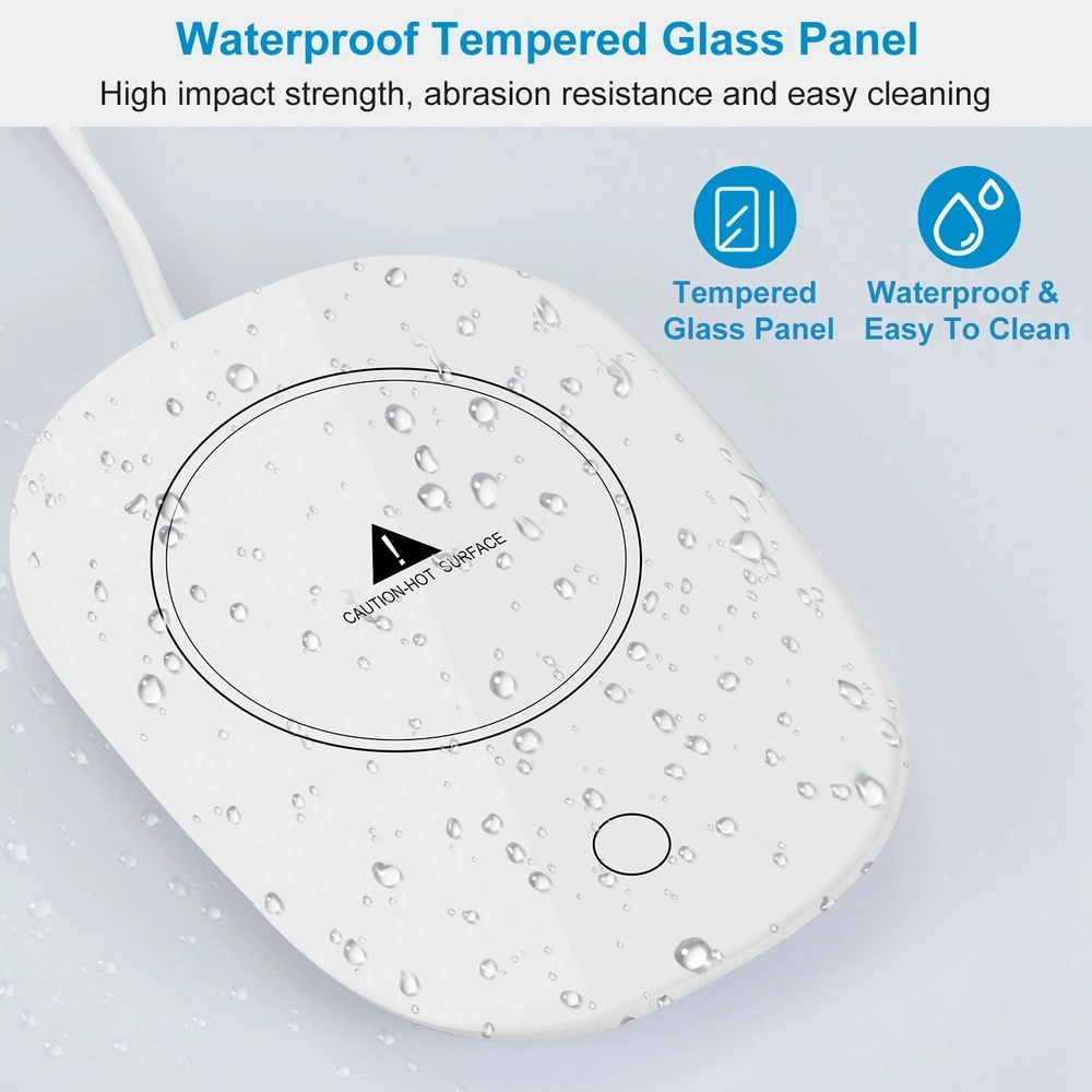 Waterproof tempered glass panel with anti-slip design and caution label, featuring a sleek white surface and water droplets for easy cleaning and durability.