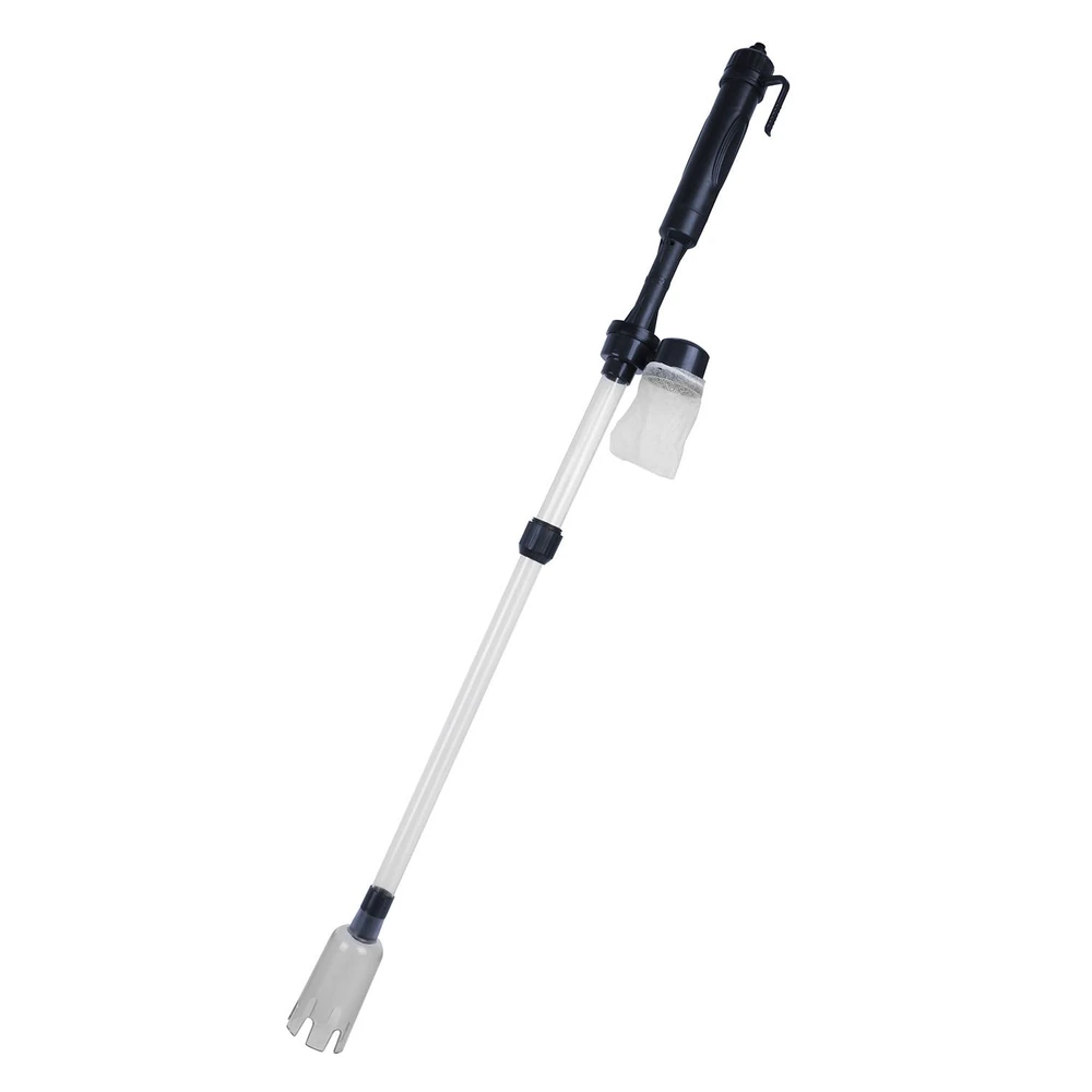 Telescoping hand tool with a black grip handle and a clear adjustable shaft, featuring a three-pronged digging head and an attached collection bag for soil and debris.