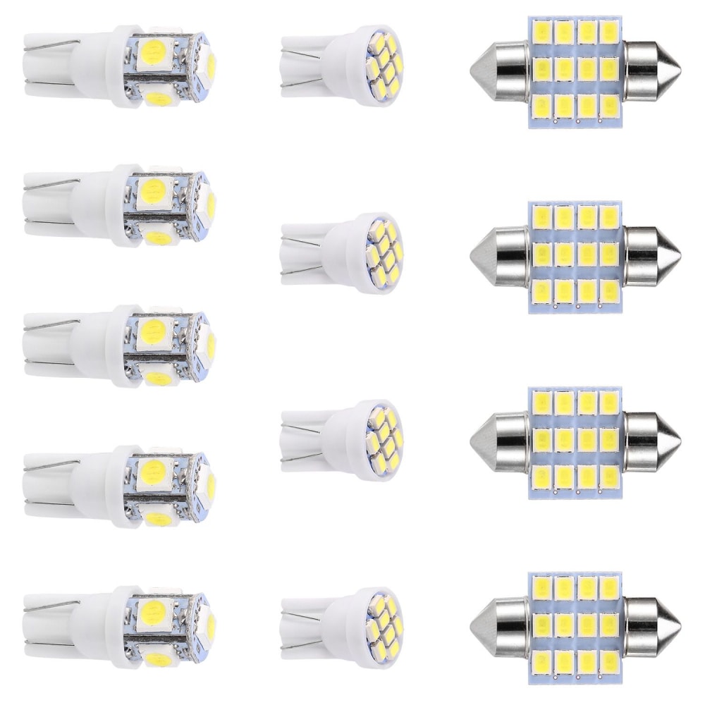 LED car light bulb assortment featuring different sizes and styles, including T10 and festoon types, designed for enhanced brightness and energy efficiency.