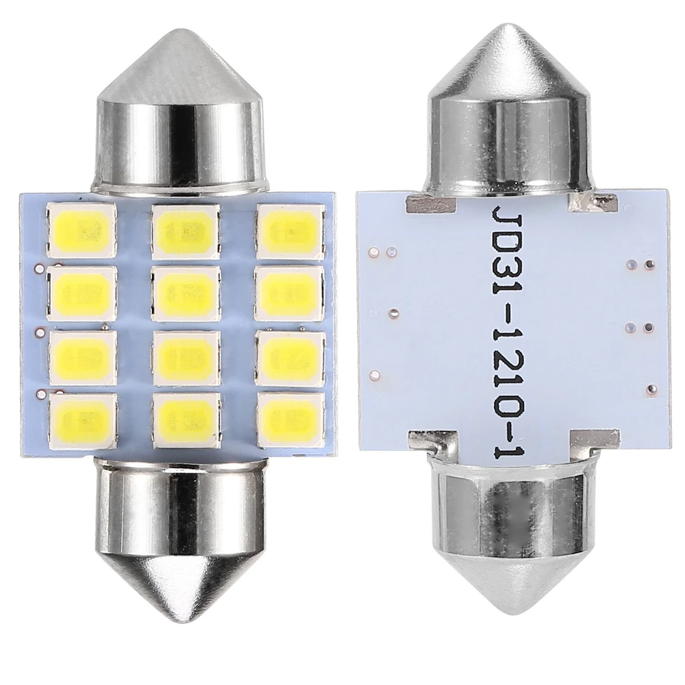 LED dome light bulb with 12 bright yellow chips, designed for interior automotive use, featuring a compact design and dual-ended silver tips.
