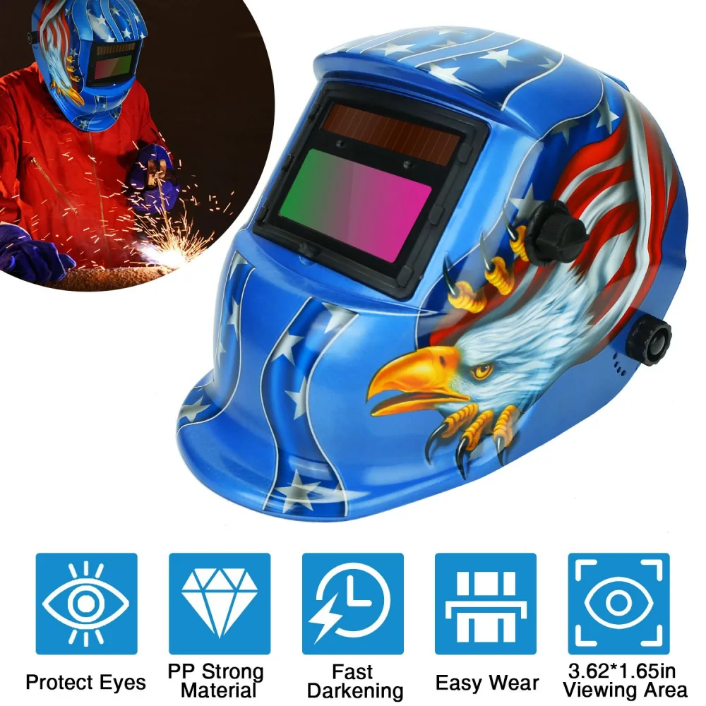 Protective welding helmet with a patriotic eagle design featuring a blue background and stars, showcasing adjustable visor for eye safety and comfort during welding tasks.