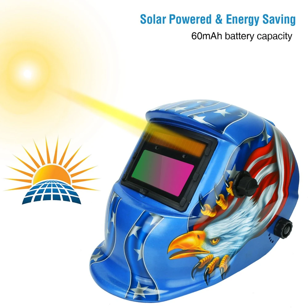 Solar-powered welding helmet featuring a vibrant eagle design, showcasing a 60mAh battery capacity and energy-saving capabilities, with a display of sunlight reflecting off the visor.