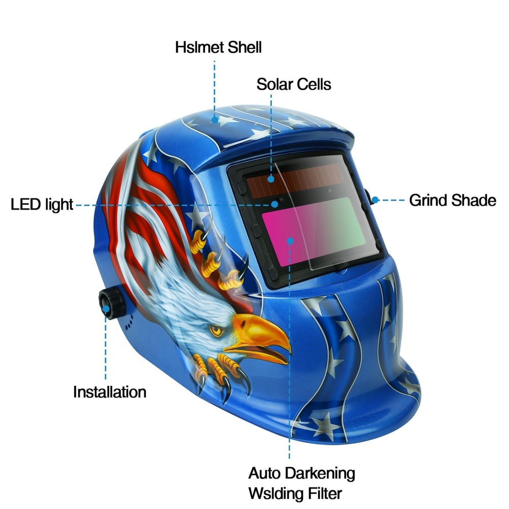 Colorful welding helmet with eagle design featuring auto darkening filter, solar cells, LED light, grind shade, and detailed installation instructions.