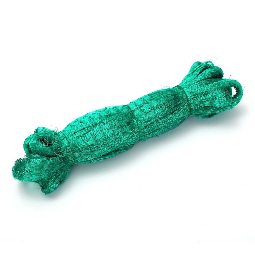 Green synthetic twine bundle, suitable for gardening and crafting projects, displayed on a white background.