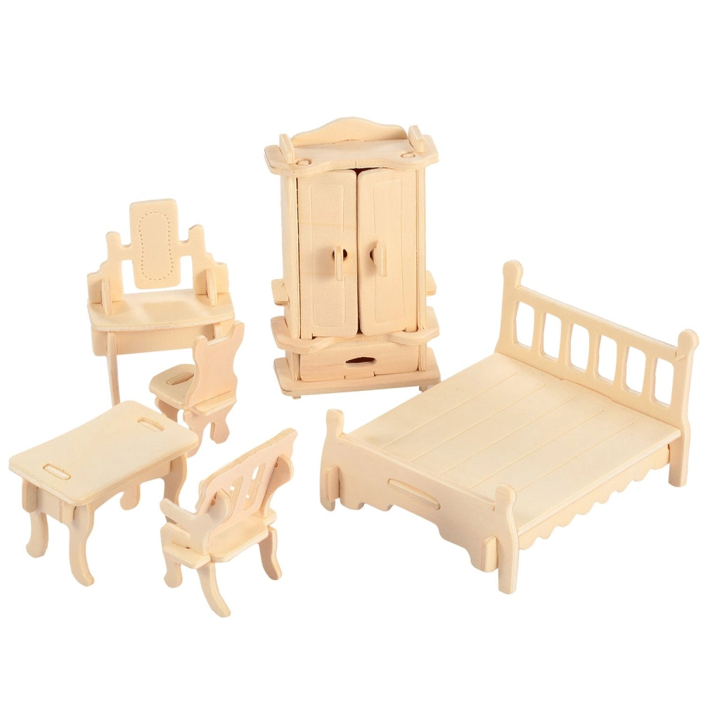 Wooden dollhouse furniture set including a bed, armoire, table, and chairs in natural finish, perfect for imaginative play and decor.