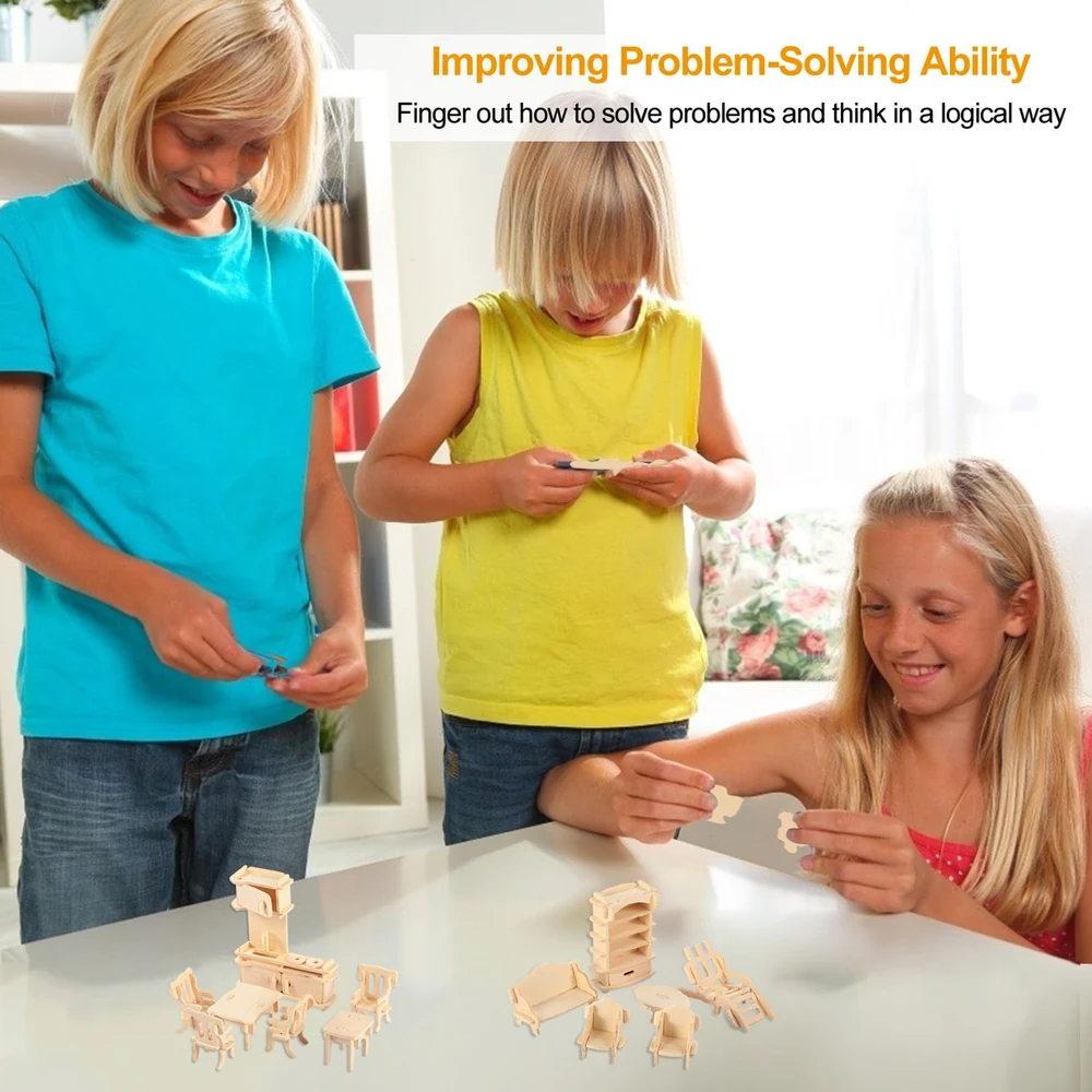 Children engaged in problem-solving activities with wooden toy furniture on a table, promoting logical thinking and creativity.