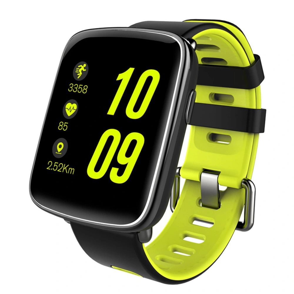 Smart fitness watch with vibrant black and neon yellow strap, displaying activity metrics including steps, heart rate, and distance.