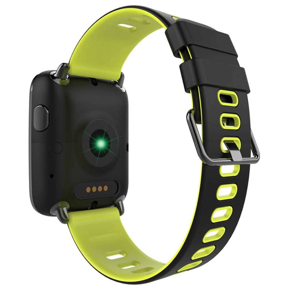 Black smartwatch with a vibrant yellow silicone strap, featuring a sleek design and fitness tracking capabilities.
